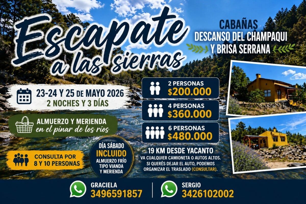 escapada a las cierras en villa yacanto 2 noches rio almuerzo y merienda